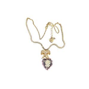 Betsey Johnson Pink Heart Rose Cameo Pendant Gold Tone Necklace Bow LOOK READ